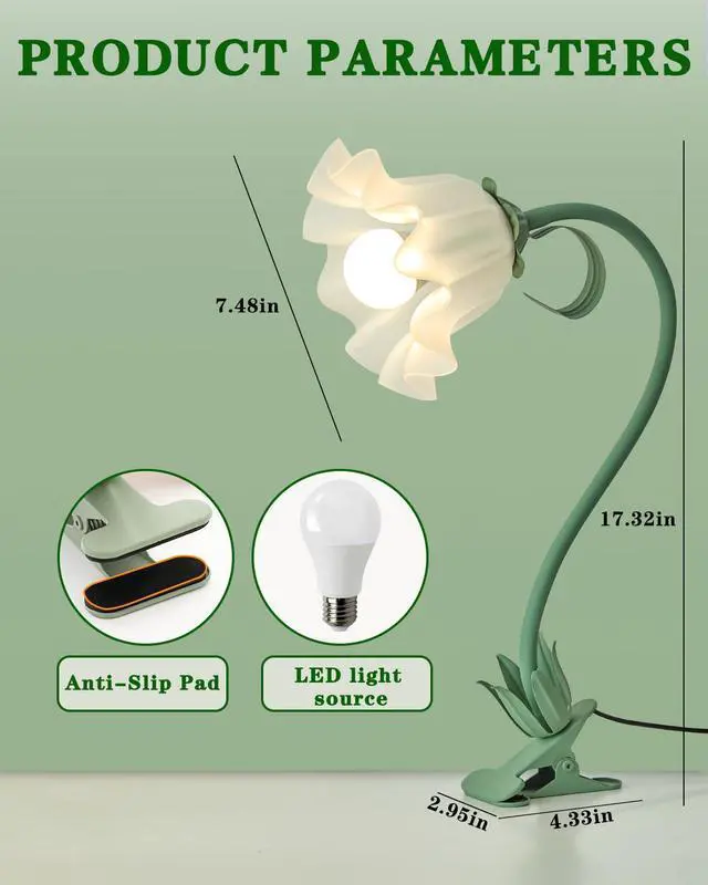Alt view image 6 of 6 - Flower Lamp Clip on Light, 3 Color Modes Eye-Caring Desk Lamp with Clamp, Dorm Room Essentials, Flexible Neck Reading Clamp Lamps for College Bedside Bookshelf Studying Room (Green)