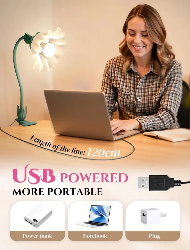 Alt view image 6 of 7 - Clip On Light and Flower Desk Lamp, Flexible Gooseneck Reading Book Light with 3 Color Modes Cute Table Lamp Decor, Clip on Bedside Lamp for Bed Headboard,Table, Nursery,Dorm (Green-02)