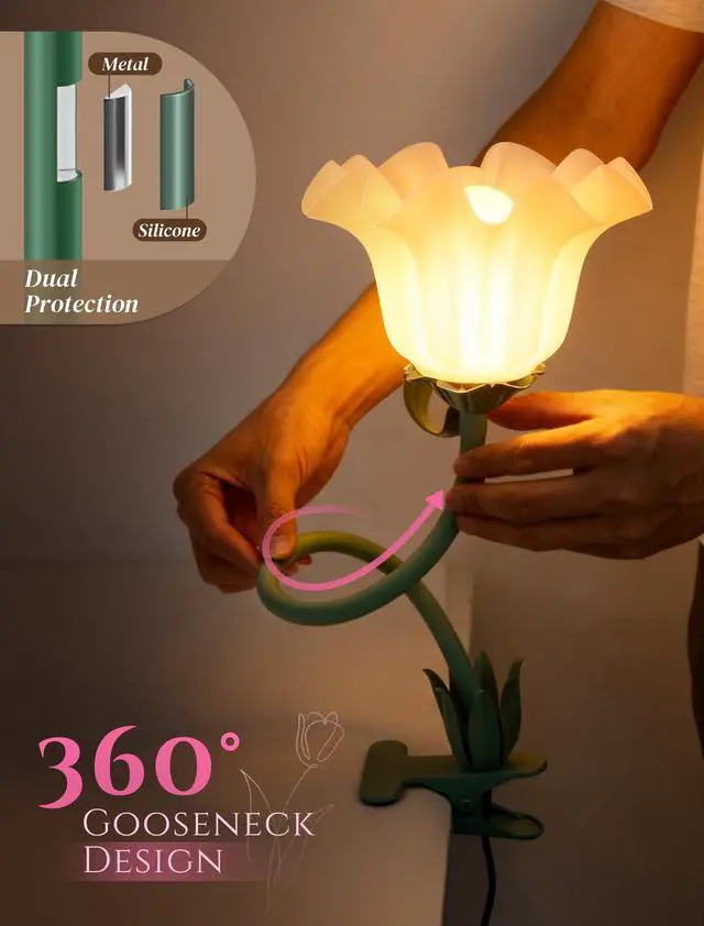 Alt view image 3 of 7 - Clip On Light and Flower Desk Lamp, Flexible Gooseneck Reading Book Light with 3 Color Modes Cute Table Lamp Decor, Clip on Bedside Lamp for Bed Headboard,Table, Nursery,Dorm (Green-02)