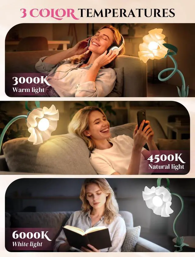 Alt view image 2 of 7 - Clip On Light and Flower Desk Lamp, Flexible Gooseneck Reading Book Light with 3 Color Modes Cute Table Lamp Decor, Clip on Bedside Lamp for Bed Headboard,Table, Nursery,Dorm (Green-02)