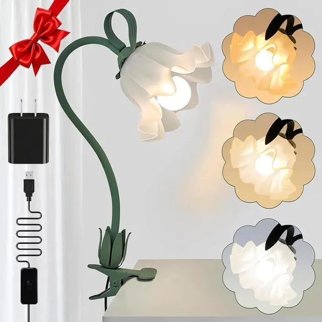 Main image of Clip On Light and Flower Desk Lamp, Flexible Gooseneck Reading Book Light with 3 Color Modes Cute Table Lamp Decor, Clip on Bedside Lamp for Bed Headboard,Table, Nursery,Dorm (Green-02)