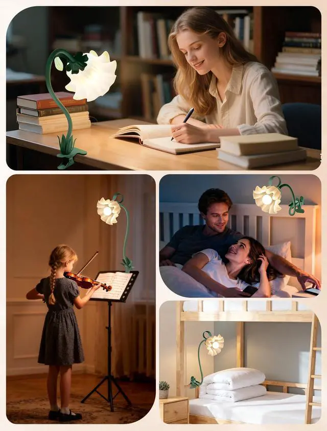 Alt view image 7 of 7 - Clip On Light and Flower Desk Lamp, Flexible Gooseneck Reading Book Light with 3 Color Modes Cute Table Lamp Decor, Clip on Bedside Lamp for Bed Headboard,Table, Nursery,Dorm (Green-02)