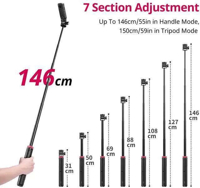 Alt view image 6 of 7 - MT-71 Tripod Selfie Stick & Vlog Handle with Magnetic Quick Release&1/4'' Screw, 59in Extendable Lightweight Tripod Stand (7-Section) for DJI Pocket 3/Insta360 X5 X4 X3 Series