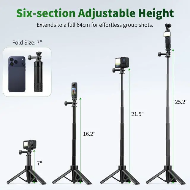 Alt view image 2 of 6 - 25.2" Selfie Stick Tripod, Action Camera Vlog Tripod, Portable Handle Grip Stand for GoPro Hero 13/12/11/10, Insta360, DJI Osmo Action 6/5 Pro/4 & Pocket 3