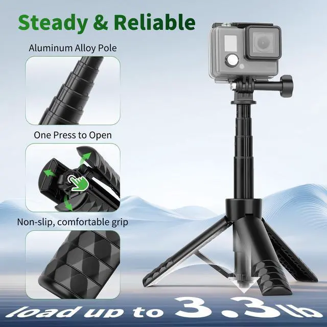 Alt view image 5 of 6 - 25.2" Selfie Stick Tripod, Action Camera Vlog Tripod, Portable Handle Grip Stand for GoPro Hero 13/12/11/10, Insta360, DJI Osmo Action 6/5 Pro/4 & Pocket 3