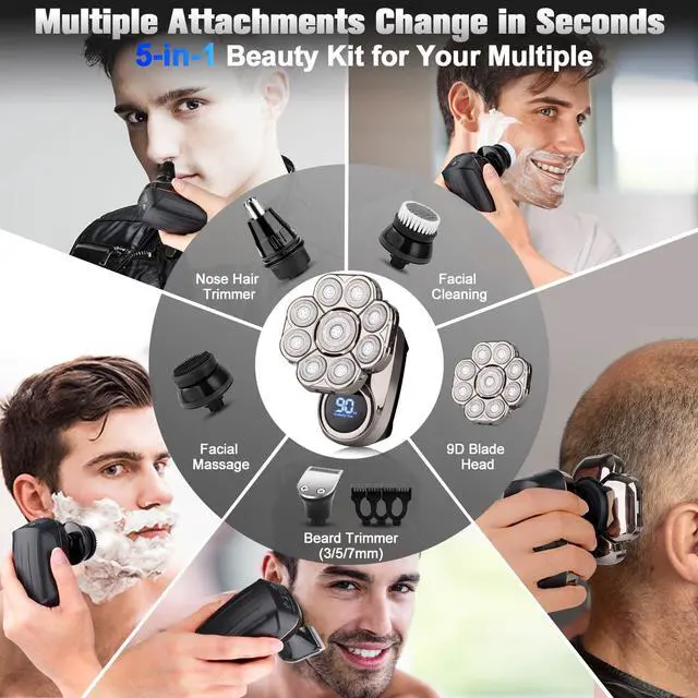 Alt view image 2 of 5 - 9D Electric Head Shaver for Bald Men, Upgraded 5-in-1 Head Shaver for Bald Men, Waterproof Wet/Dry Grooming Kit Electric Shaver for Men, Cordless Rechargeable Bald Head Razor for Home&Travel