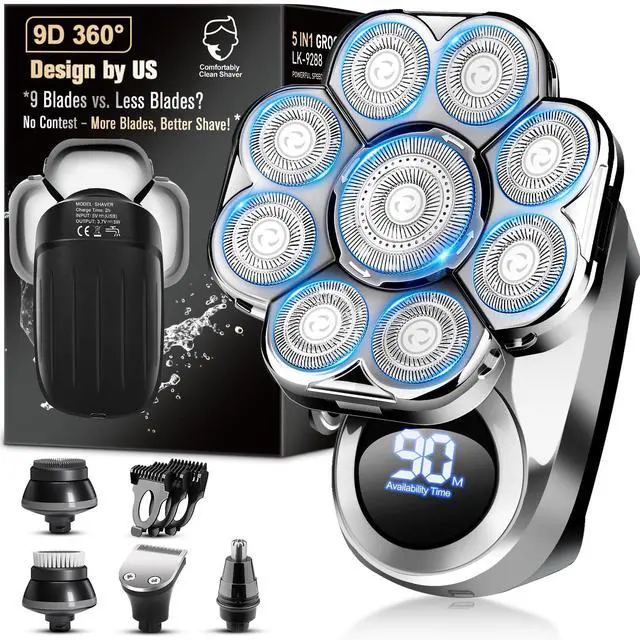 Main image of 9D Electric Head Shaver for Bald Men, Upgraded 5-in-1 Head Shaver for Bald Men, Waterproof Wet/Dry Grooming Kit Electric Shaver for Men, Cordless Rechargeable Bald Head Razor for Home&Travel