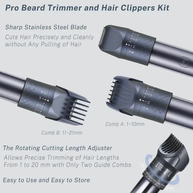 Alt view image 3 of 7 - Beard Trimmer for Men, Professional 5-in-1 Hair Clippers with 20 Precision Dial Lengths, Electric Razors for Men IPX7 Waterproof Wet/Dry, USB-C Rechargeable Shaving Set with Dock for Face, Body, Nose