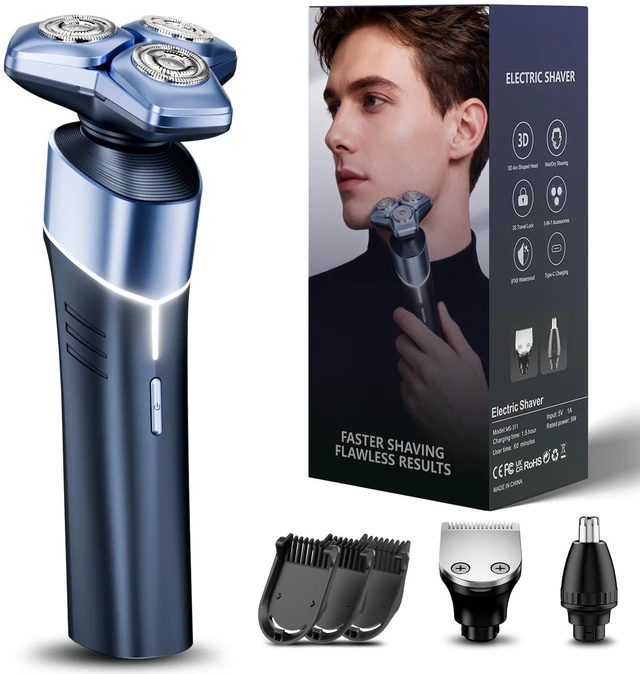 Main image of Electric Razor for Men, IPX8 Shaver, 3-in-1 Hair & Nose Trimmer Kit | 10000 RPM High Speed Motor, 3D Floating Heads, USB-C Fast Charging, IPX8 Waterproof, Travel Lock, Crisp Blue