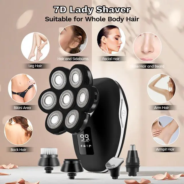 Alt view image 2 of 7 - Electric Razors for Women, 7D Electric Shaver for Women, 5 in 1 Lady Shavers, Wet/Dry Bikini Trimmer, Rechargeable Face Razor for Arms Legs Armpit Pubic Area