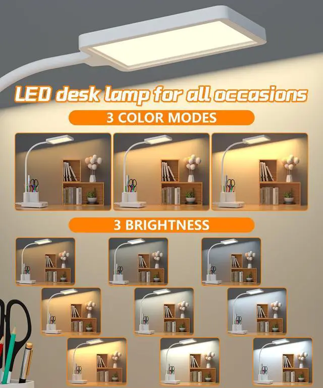 Alt view image 4 of 7 - Desk Lamp, LED Desk Lamps for Home Office with 2 USB Charging Port/Outlet/Organizer,Desk Lamp for College Dorm Eye-Caring Study Light,Gooseneck Table Lamp with Pen Holders/Storage,9 Lighting Modes