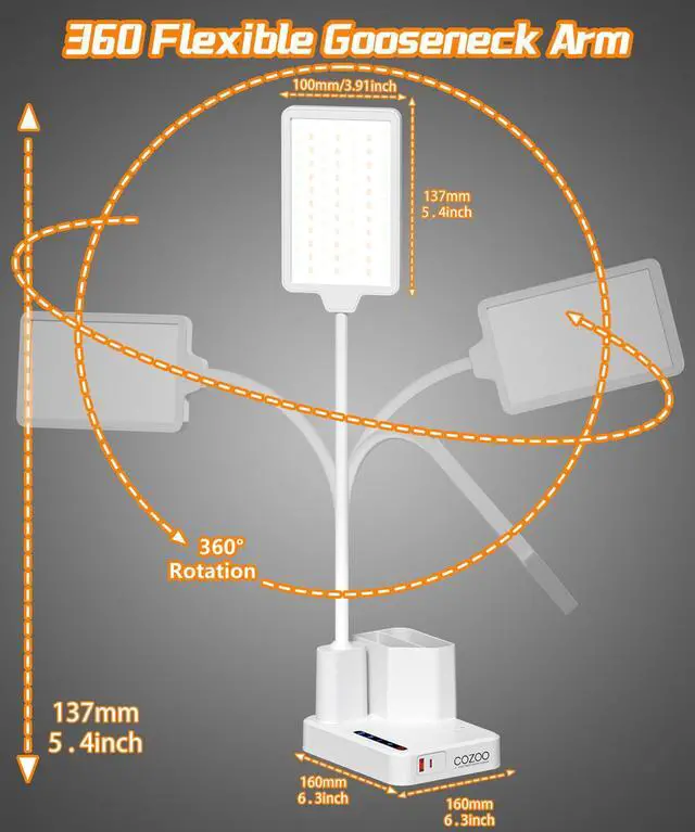 Alt view image 7 of 7 - Desk Lamp, LED Desk Lamps for Home Office with 2 USB Charging Port/Outlet/Organizer,Desk Lamp for College Dorm Eye-Caring Study Light,Gooseneck Table Lamp with Pen Holders/Storage,9 Lighting Modes