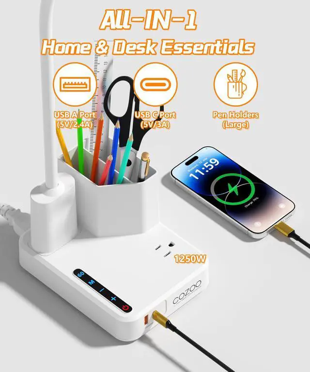 Alt view image 5 of 7 - Desk Lamp, LED Desk Lamps for Home Office with 2 USB Charging Port/Outlet/Organizer,Desk Lamp for College Dorm Eye-Caring Study Light,Gooseneck Table Lamp with Pen Holders/Storage,9 Lighting Modes
