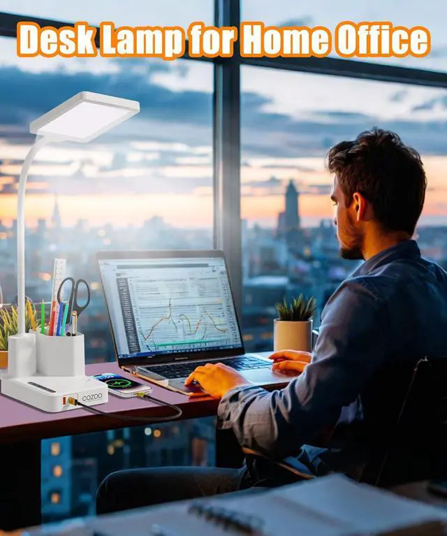 Alt view image 2 of 7 - Desk Lamp, LED Desk Lamps for Home Office with 2 USB Charging Port/Outlet/Organizer,Desk Lamp for College Dorm Eye-Caring Study Light,Gooseneck Table Lamp with Pen Holders/Storage,9 Lighting Modes
