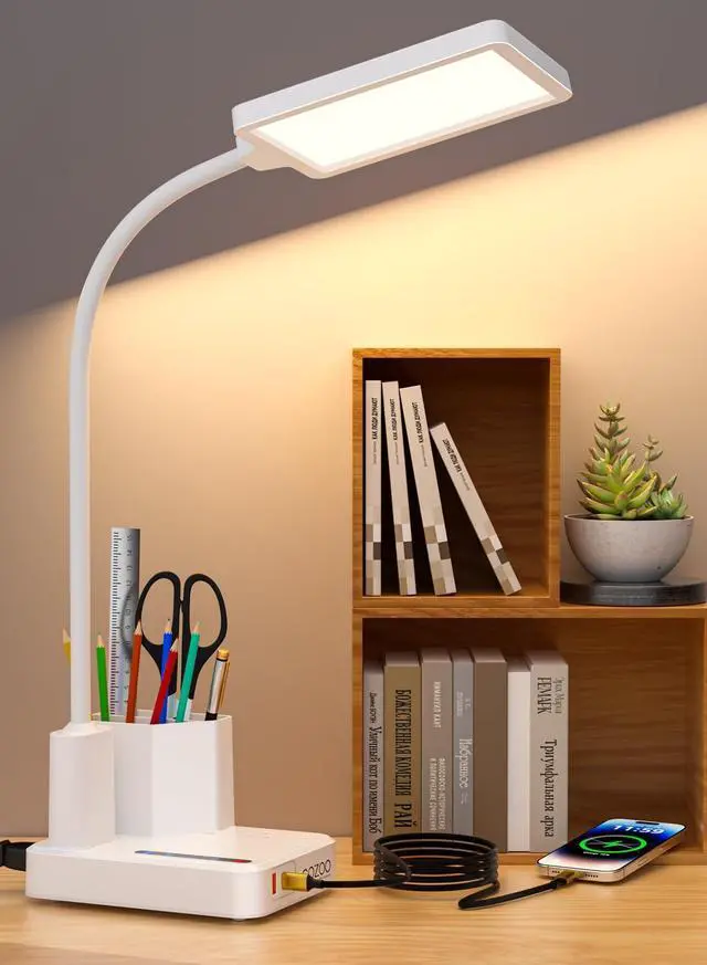 Main image of Desk Lamp, LED Desk Lamps for Home Office with 2 USB Charging Port/Outlet/Organizer,Desk Lamp for College Dorm Eye-Caring Study Light,Gooseneck Table Lamp with Pen Holders/Storage,9 Lighting Modes