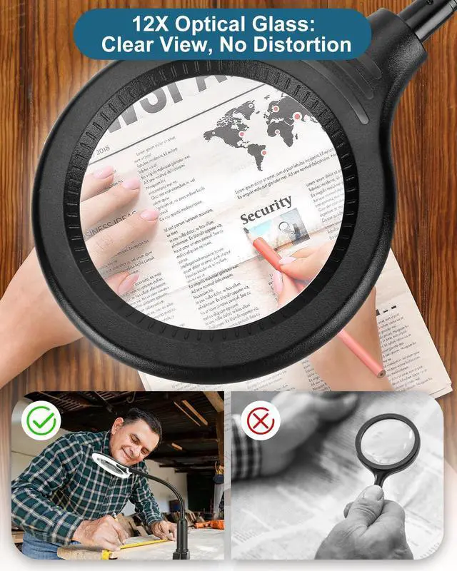 Alt view image 5 of 7 - 12X Magnifying Glass with Light and Stand, Real Glass, LED 5 Color Modes, Brightness Stepless Dimming Lighted Magnifier Hands Free with Flexible Gooseneck Desk Clamp Lamp for Close Work, Craft, Hobby