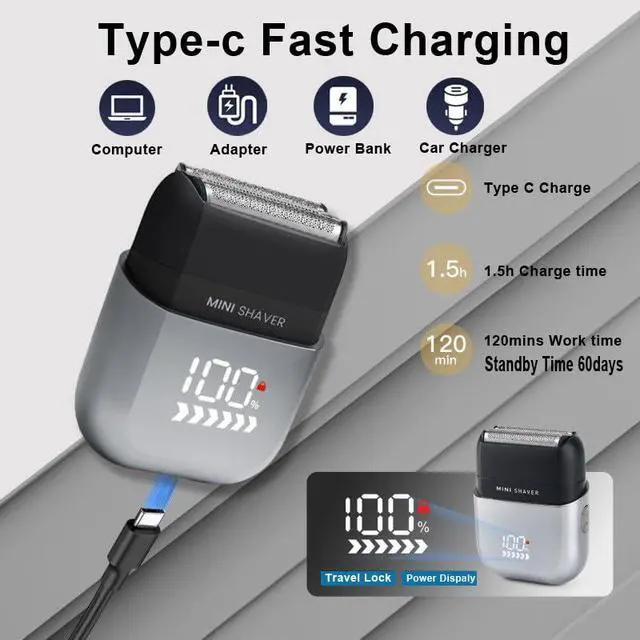 Alt view image 5 of 7 - Electric Mini Foil Shaver for Men,Mini Razor with LED Display,IPX7 Waterproof Compact Face Shave for Travel,3-Blade Folating Head Close & Precision Shave,Wet/Dry Use, USB C Charge