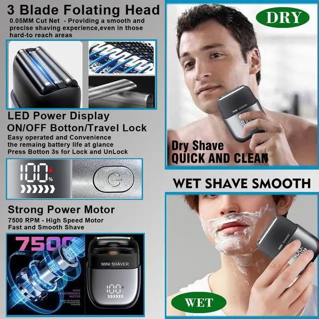 Alt view image 2 of 7 - Electric Mini Foil Shaver for Men,Mini Razor with LED Display,IPX7 Waterproof Compact Face Shave for Travel,3-Blade Folating Head Close & Precision Shave,Wet/Dry Use, USB C Charge
