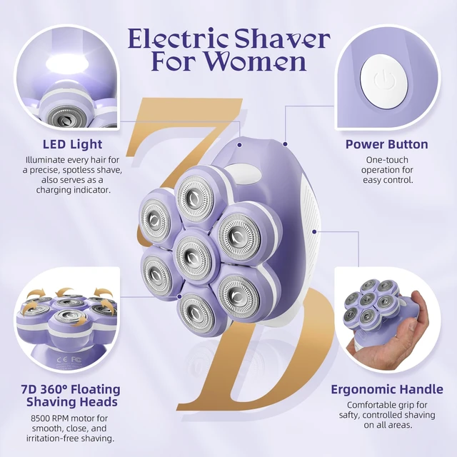Alt view image 2 of 7 - Electric Razors for Women Legs, Smooth Full-Body Electric Shaver | 7D 360° Silky-Smooth Shaver Heads, 5 Min Wide-Area Fast Body Grooming, Waterproof Wet & Dry Use, Light & Travel Cap, Violet