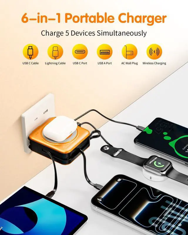 Alt view image 3 of 7 - 6-in-1 for Portable Charger with Built-in Cables & Wall Plug,10000mAh Magnetic Wireless Power Bank,22.5W Fast Charging USB C Battery Pack,Travel Essentials for iPhone,Samsung,Android(Orange)