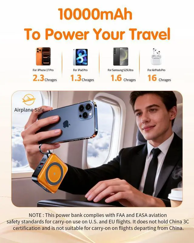 Alt view image 4 of 7 - 6-in-1 for Portable Charger with Built-in Cables & Wall Plug,10000mAh Magnetic Wireless Power Bank,22.5W Fast Charging USB C Battery Pack,Travel Essentials for iPhone,Samsung,Android(Orange)