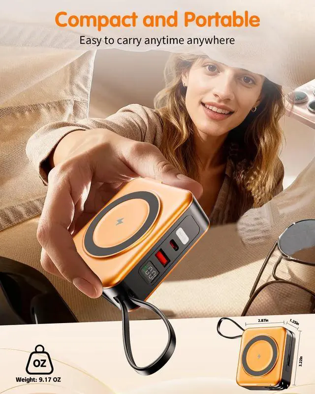 Alt view image 5 of 7 - 6-in-1 for Portable Charger with Built-in Cables & Wall Plug,10000mAh Magnetic Wireless Power Bank,22.5W Fast Charging USB C Battery Pack,Travel Essentials for iPhone,Samsung,Android(Orange)