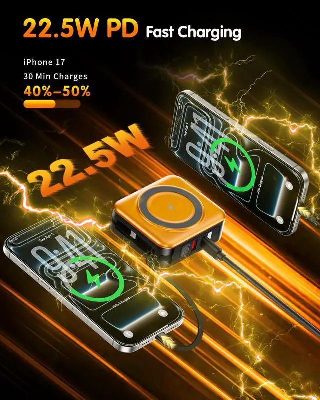 Alt view image 6 of 7 - 6-in-1 for Portable Charger with Built-in Cables & Wall Plug,10000mAh Magnetic Wireless Power Bank,22.5W Fast Charging USB C Battery Pack,Travel Essentials for iPhone,Samsung,Android(Orange)