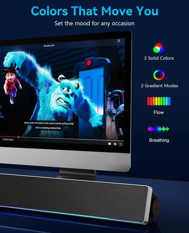Alt view image 5 of 6 - Computer Speakers for Desktop PC, HiFi Stereo PC Speakers with Volume Knob, Colorful Lights, Plug & Play Wired USB/USB-C Powered for Desktop, Computer, Laptop