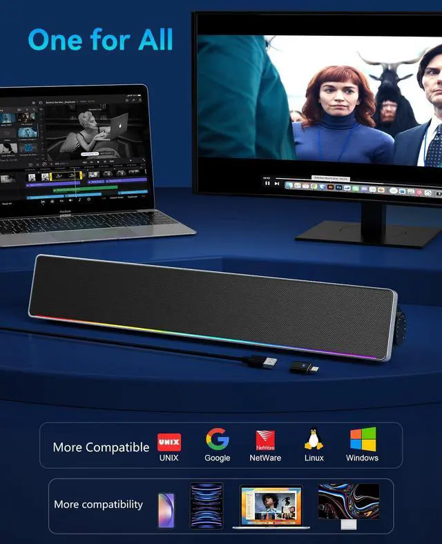 Alt view image 6 of 6 - Computer Speakers for Desktop PC, HiFi Stereo PC Speakers with Volume Knob, Colorful Lights, Plug & Play Wired USB/USB-C Powered for Desktop, Computer, Laptop
