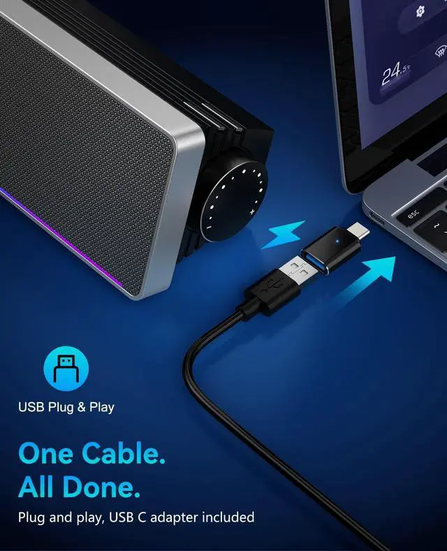 Alt view image 4 of 6 - Computer Speakers for Desktop PC, HiFi Stereo PC Speakers with Volume Knob, Colorful Lights, Plug & Play Wired USB/USB-C Powered for Desktop, Computer, Laptop