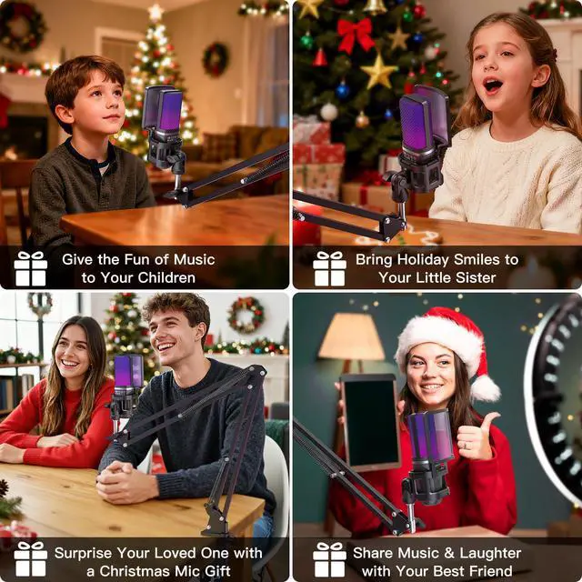 Alt view image 7 of 7 - Microphone for PC, USB Condenser Gaming Mic with Noise Reduction, Gain Control, Mute, Zero-Latency Monitoring, RGB Lighting, Boom Arm & Tripod Stand for Mac iPhone Android Podcasting TikTok