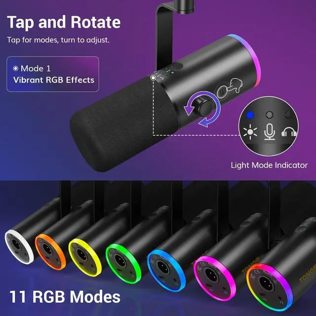 Alt view image 4 of 5 - Dynamic Gaming Microphone, XLR/USB Mic Streaming, AI Noise Cancellation, Controlable RGB, Tap Mute, 3.5mm Headphone Jack, Volume Control, Microfono with Desktop Stand, Black, TD510 AIR S