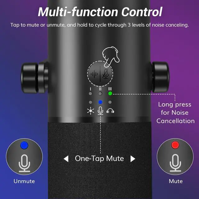 Alt view image 5 of 5 - Dynamic Gaming Microphone, XLR/USB Mic Streaming, AI Noise Cancellation, Controlable RGB, Tap Mute, 3.5mm Headphone Jack, Volume Control, Microfono with Desktop Stand, Black, TD510 AIR S