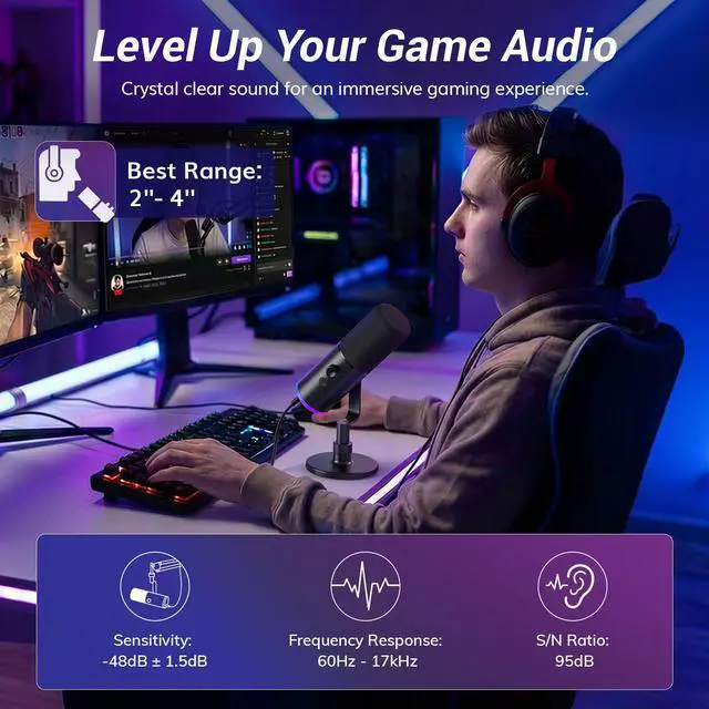 Alt view image 3 of 5 - Dynamic Gaming Microphone, XLR/USB Mic Streaming, AI Noise Cancellation, Controlable RGB, Tap Mute, 3.5mm Headphone Jack, Volume Control, Microfono with Desktop Stand, Black, TD510 AIR S