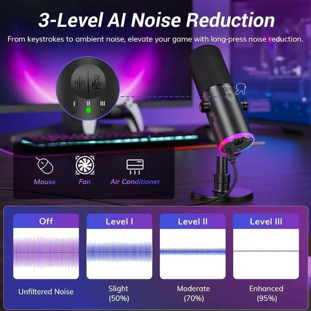 Alt view image 2 of 5 - Dynamic Gaming Microphone, XLR/USB Mic Streaming, AI Noise Cancellation, Controlable RGB, Tap Mute, 3.5mm Headphone Jack, Volume Control, Microfono with Desktop Stand, Black, TD510 AIR S