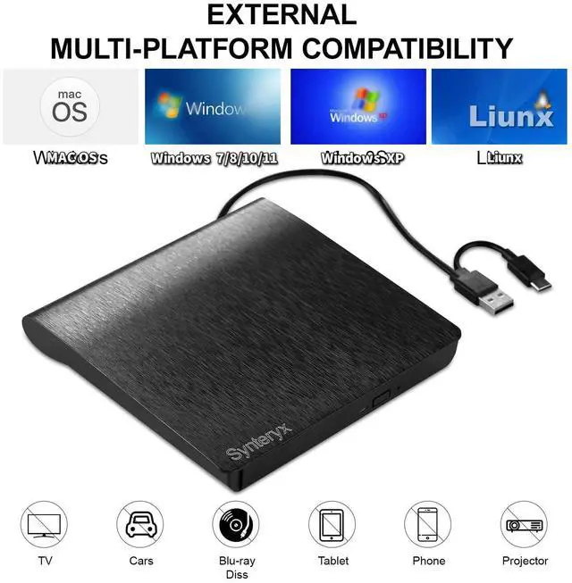 Alt view image 2 of 3 - External CD DVD Drive cd burner, Play & Burn 2-in-1 Portable Slim CD/DVD +/-RW Burner Reader Writer Player for Laptop Desktop PC Mac Windows Linux macOS (Brushed black with protective case)