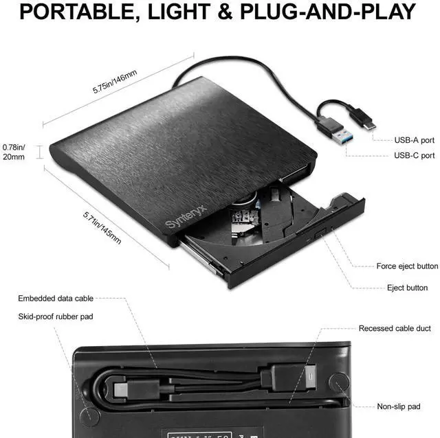 Main image of External CD DVD Drive cd burner, Play & Burn 2-in-1 Portable Slim CD/DVD +/-RW Burner Reader Writer Player for Laptop Desktop PC Mac Windows Linux macOS (Brushed black with protective case)