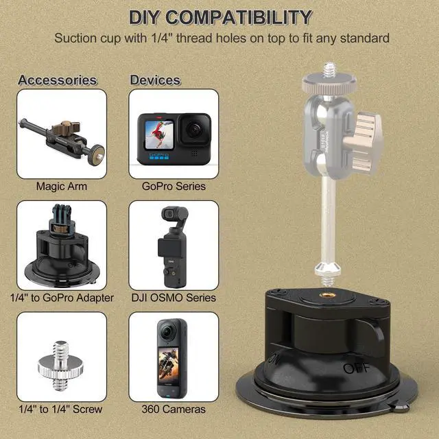 Main image of Suction Cup Base with 1/4" Female Threaded for Hook, Camera or Phone Mount, Magic Arm, Heavy Duty Suction Cup for Windshields, Smooth Walls, Mirrors, and Other Glossy Surfaces