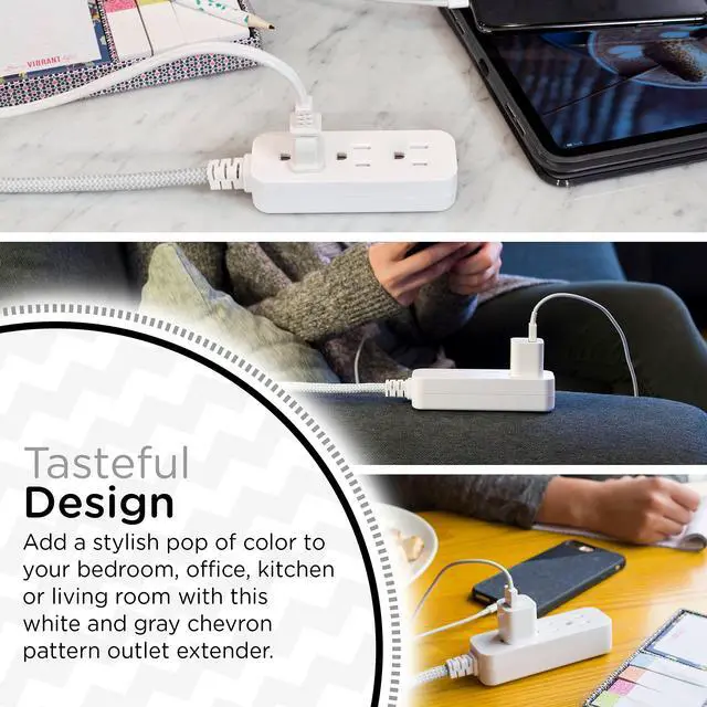Alt view image 5 of 7 - Cordinate Mini 3-Outlet Power Strip, 18 in Braided Extension Cord | Grounded Adapter, Low-Profile Flat Plug, ETL Listed, White/Gray, 47297