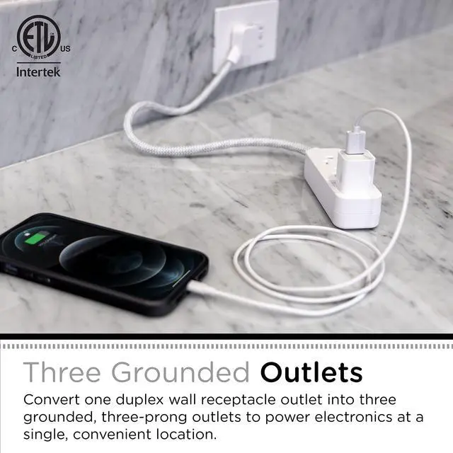 Alt view image 4 of 7 - Cordinate Mini 3-Outlet Power Strip, 18 in Braided Extension Cord | Grounded Adapter, Low-Profile Flat Plug, ETL Listed, White/Gray, 47297
