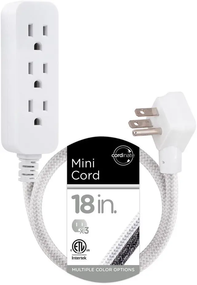 Main image of Cordinate Mini 3-Outlet Power Strip, 18 in Braided Extension Cord | Grounded Adapter, Low-Profile Flat Plug, ETL Listed, White/Gray, 47297