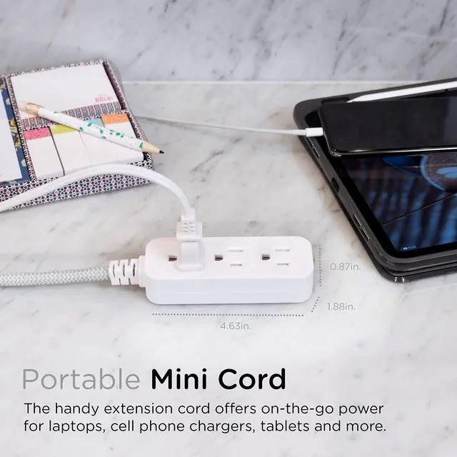 Alt view image 7 of 7 - Cordinate Mini 3-Outlet Power Strip, 18 in Braided Extension Cord | Grounded Adapter, Low-Profile Flat Plug, ETL Listed, White/Gray, 47297