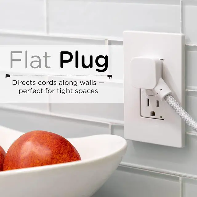 Alt view image 3 of 7 - Cordinate Mini 3-Outlet Power Strip, 18 in Braided Extension Cord | Grounded Adapter, Low-Profile Flat Plug, ETL Listed, White/Gray, 47297