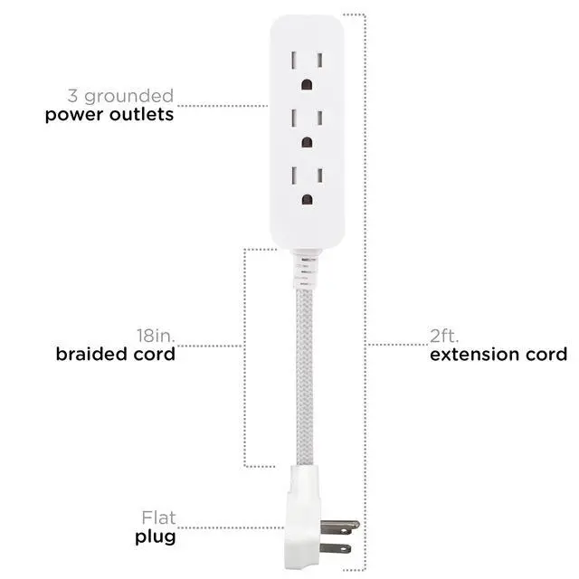 Alt view image 2 of 7 - Cordinate Mini 3-Outlet Power Strip, 18 in Braided Extension Cord | Grounded Adapter, Low-Profile Flat Plug, ETL Listed, White/Gray, 47297