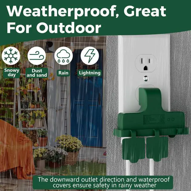 Alt view image 4 of 6 - 3-Outlet Wall Plug Adapter Green,Heavy Duty Outdoor Power Splitter,Weatherproof Multi Outlet Extender with Safe Cover,3-Prong Grounded Plug,Ideal for Holiday, Home and Office,EL ETL