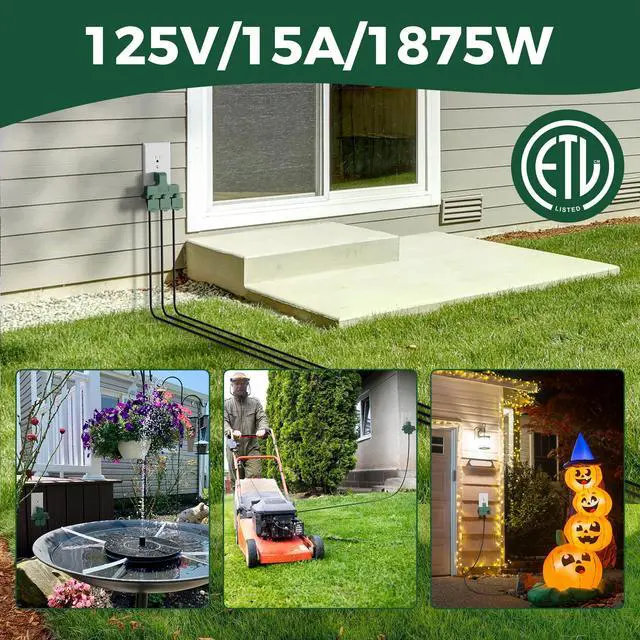 Alt view image 5 of 6 - 3-Outlet Wall Plug Adapter Green,Heavy Duty Outdoor Power Splitter,Weatherproof Multi Outlet Extender with Safe Cover,3-Prong Grounded Plug,Ideal for Holiday, Home and Office,EL ETL