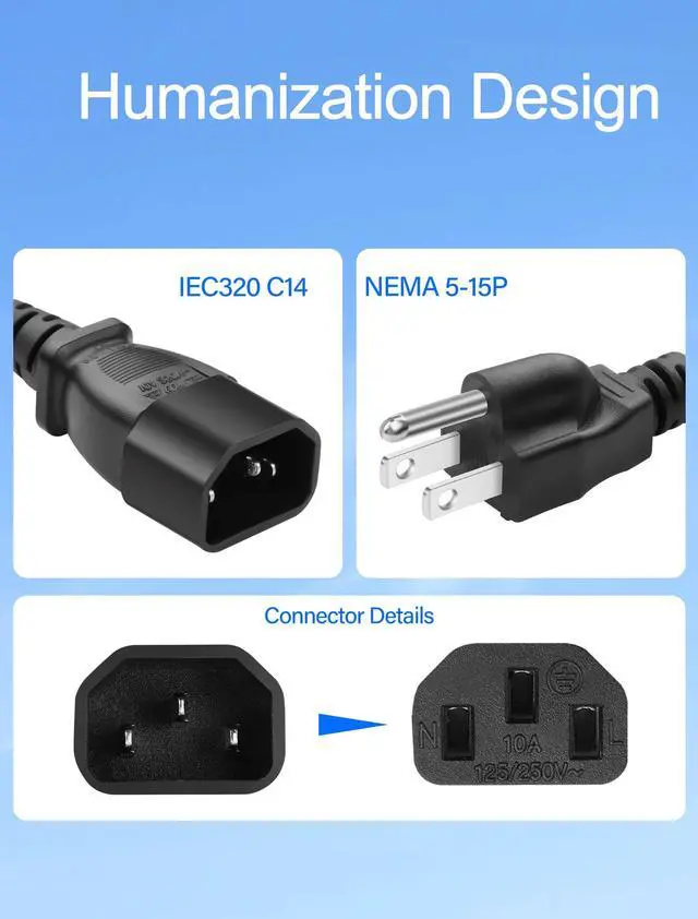 Alt view image 3 of 6 - Standard Computer Short Power Adapter Cord NEMA 5-15P to IEC320 C14 Cable 18AWG,10A 125V, Black - 1FT / 0.3M (2)