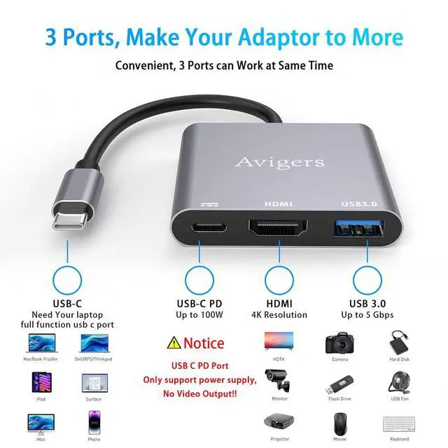 Alt view image 7 of 7 - USB C to HDMI Adapter, 4K HDMI to USB-C Adapter with PD100W, USB 3.0 Port Multiport Digital AV Converter for MacBook Pro/Air, iPad, iPhone 15/16, HP, Dell, Samsung, Tablets, Switch, TV, Monitor, etc