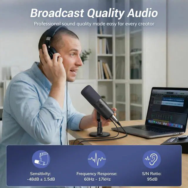 Alt view image 2 of 7 - Dynamic Podcast Microphone for Studio, Cardioid XLR/USB Mic, AI Noise Cancellation, Tap Mute, 3.5mm Headphone Jack for Monitoring, Volume Control, Microfono with Desktop Stand, Black, TD510 AIR