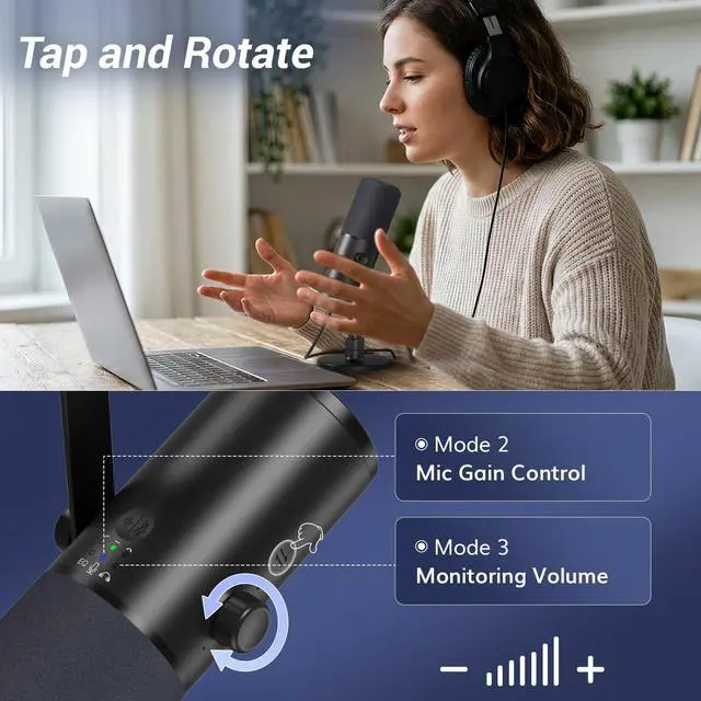 Alt view image 4 of 7 - Dynamic Podcast Microphone for Studio, Cardioid XLR/USB Mic, AI Noise Cancellation, Tap Mute, 3.5mm Headphone Jack for Monitoring, Volume Control, Microfono with Desktop Stand, Black, TD510 AIR